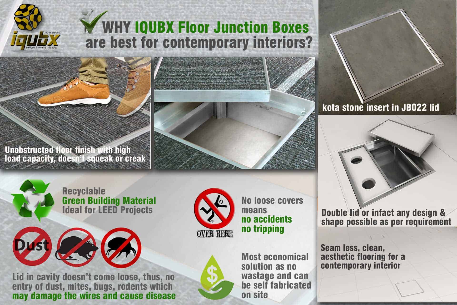 advantages of IQUBX Floor Junction Boxes - lid cover doesnt come loose preventing rodent and dust entry, can be made double lid, has seamless floor finish, high load bearing capacity