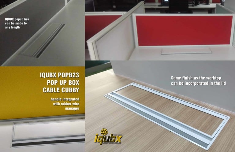 Pop up box electrical cable cubby for desks & conference table