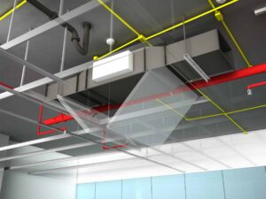 MEP services above false ceiling accessed by ceiling access panel